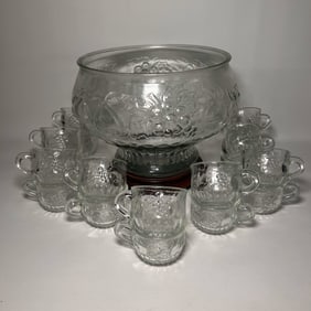 19 Piece Vintage Jeannette Glass Fruit Motif Punch Bowl