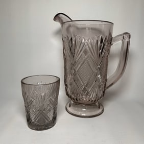 Antique EAPG Water Pitcher with Cup, Diamond Starburst Pattern