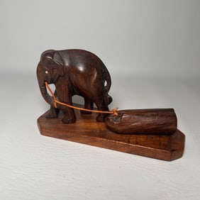 Hand Carved Wood Elephant Statue Pulling Log