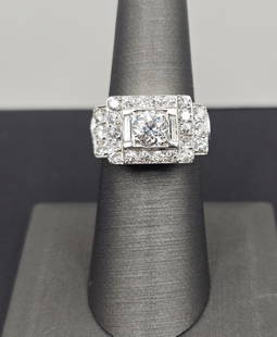 Art Deco Platinum Diamond Square Ring: Size 6.75, 9.47 grams. Approx. 1.3 ctw