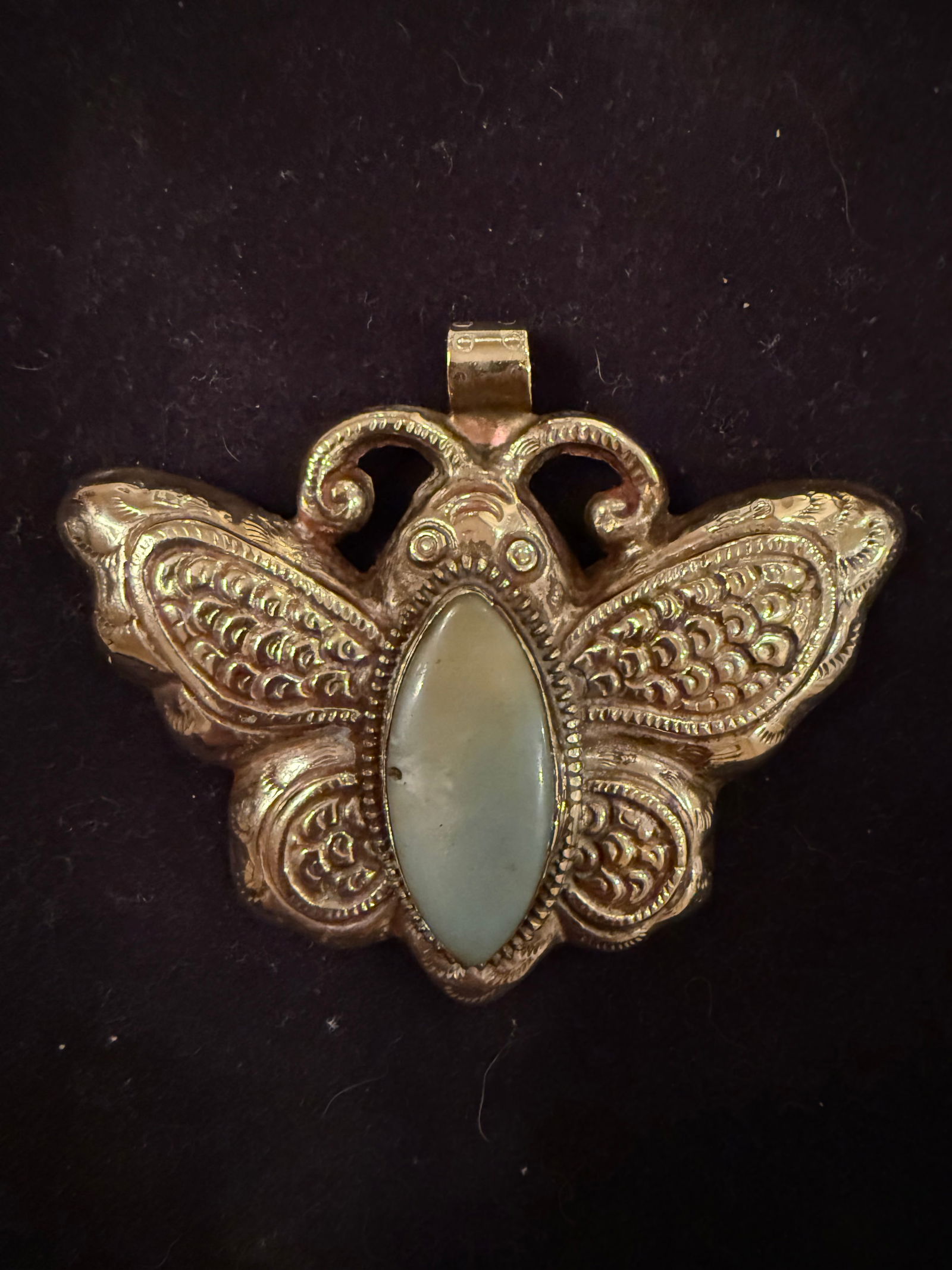 Silver Butterfly Pendant with Raw Aquamarine Cabachon: Large Silver Butterfly Pendant, Design on both sides, 3” Wide, 2 1/2” Long