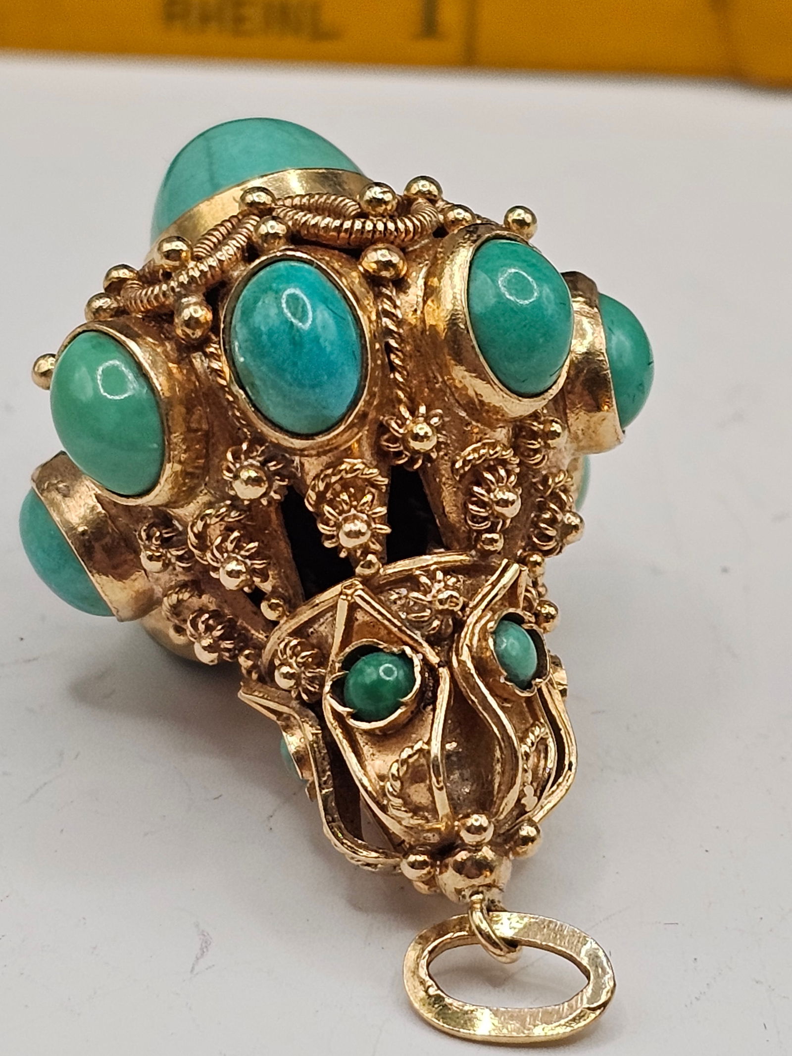 Antique 18K Large Pendant with Turquoise Cabochons: With Intricate Filigree and wirework details, this Italian Goldsmithing is Equisite