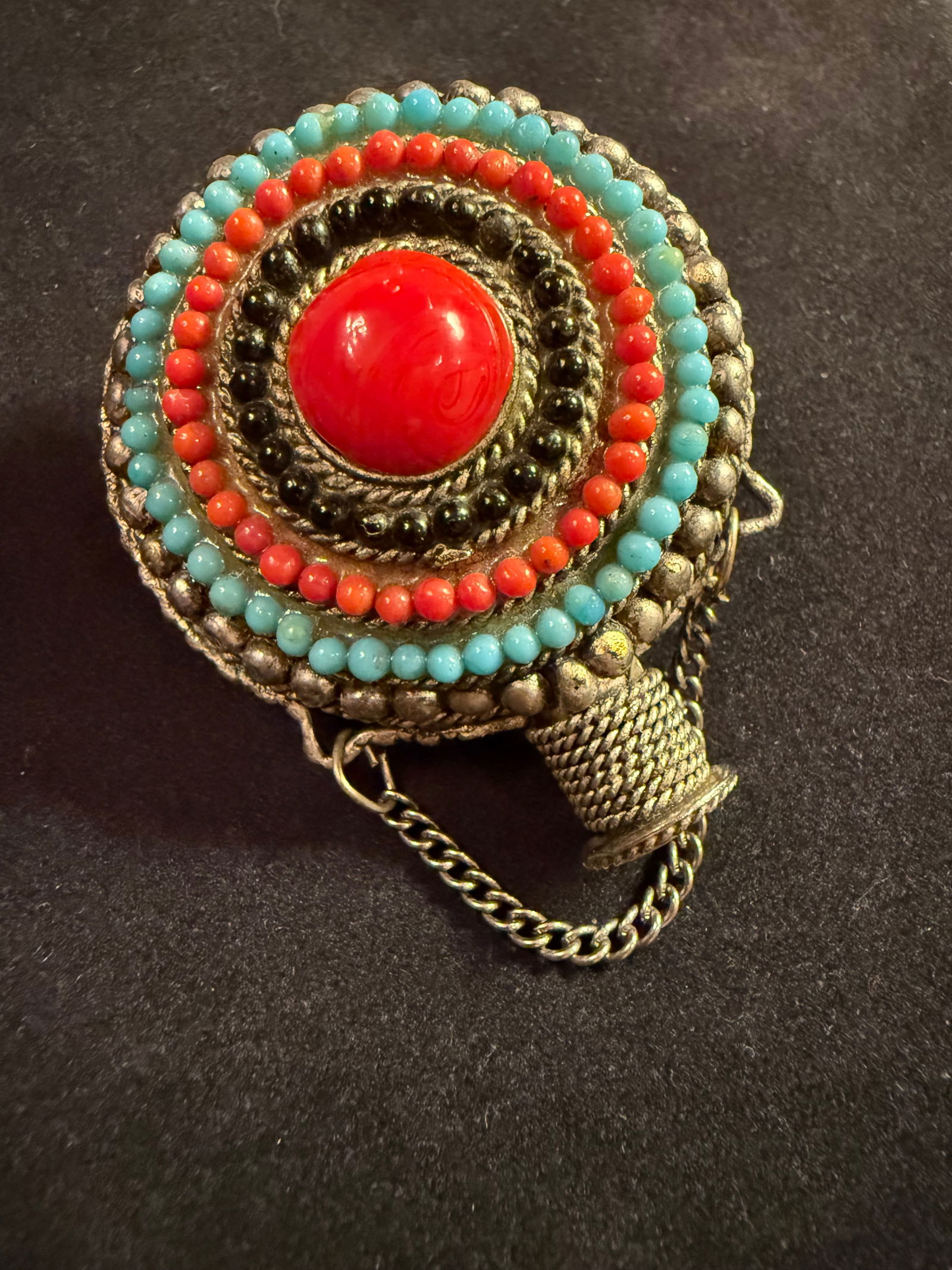 Antique Tibetan Style Beaded Urn Pendant: Antique Tibetan Style Beaded Urn Bottle Pendant, 2”. Does not open. Missing bead on top.