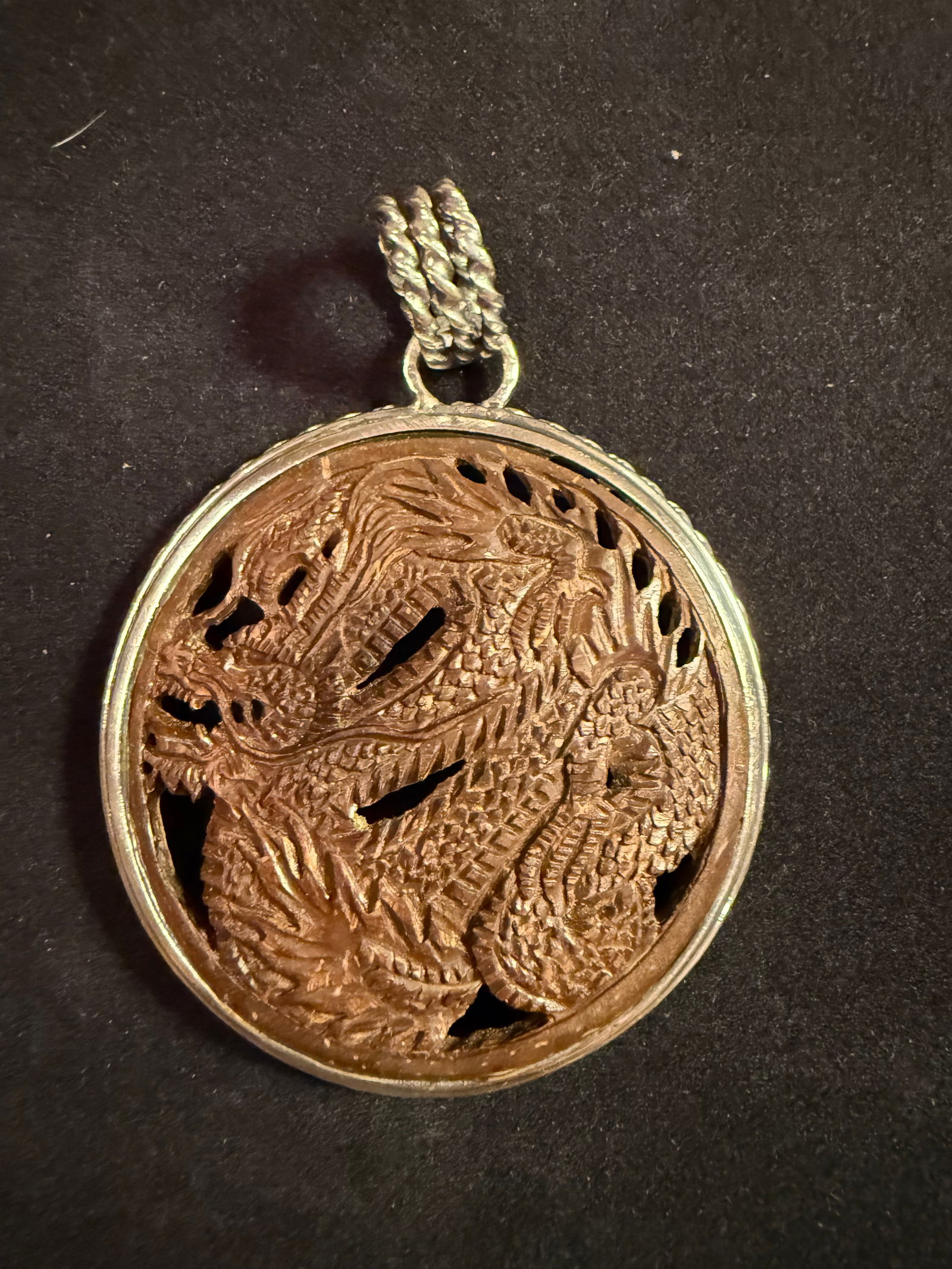 Large Hand Carved Wood Dragon Pendant in Sterling Silver: Large Hand Carved Wood Dragon Pendant in Sterling Silver, 2 1/2”