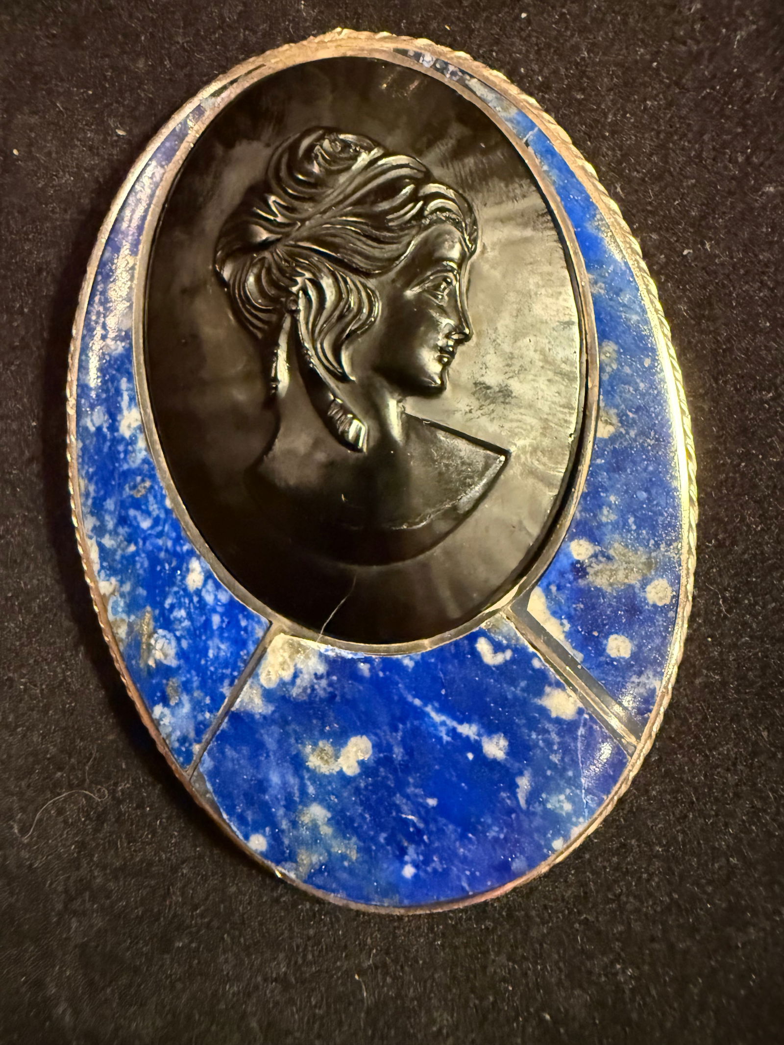 Vintage Cameo set in Natural Blue Stone embedded in 960 Silver: Vintage Cameo set in Natural Blue Stone embedded in 960 Silver, 2 1/2”