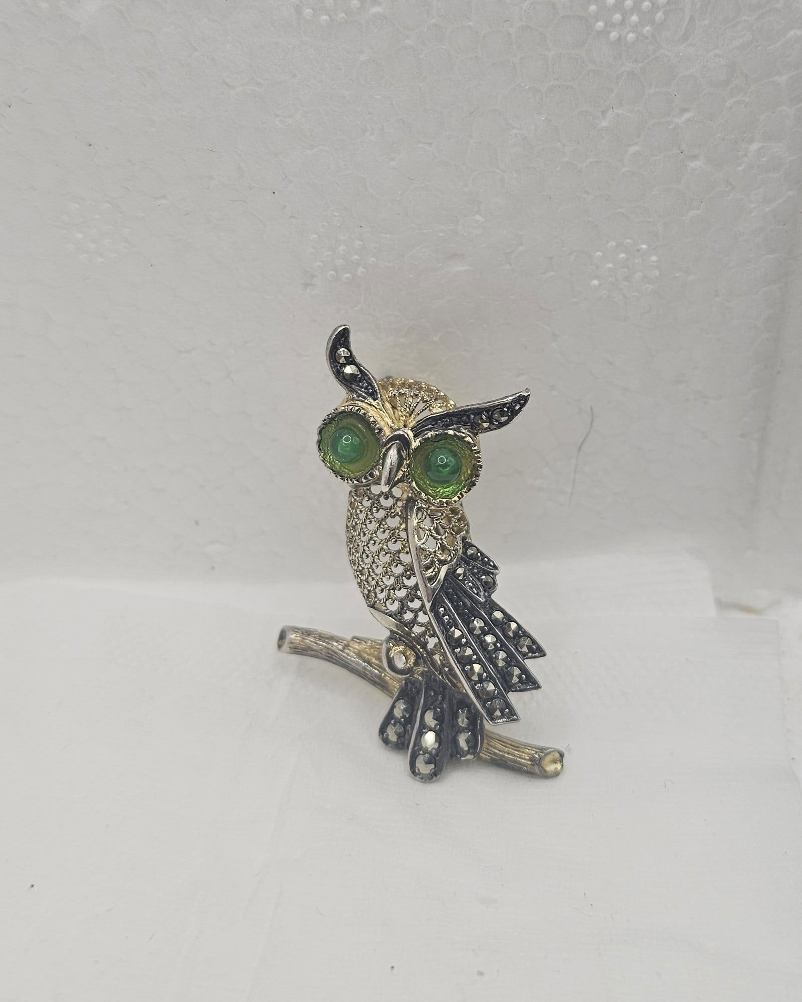 Alice Caviness Sterling Owl Brooch with Marcasite Wings and Green Stone Eyes: Alice Caviness Sterling Owl Brooch with Marcasite Wings and Green Stone Eyes, Made in Germany, 1 3/4” Long x 1 1/4” wide