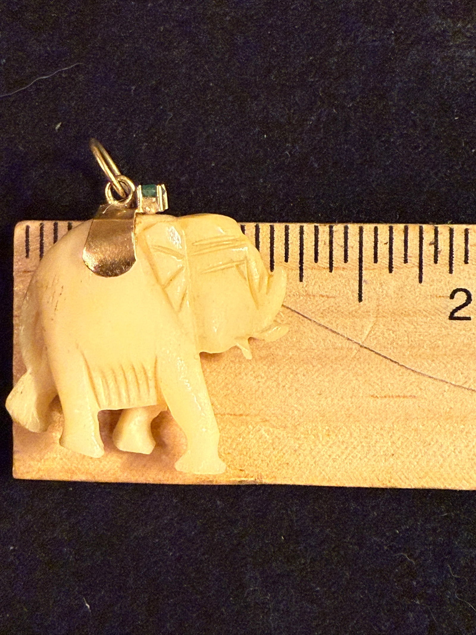 Bone Elephant Charm with Small Emerald: Bone Elephant Charm with Small Emerald, 1 1/4”