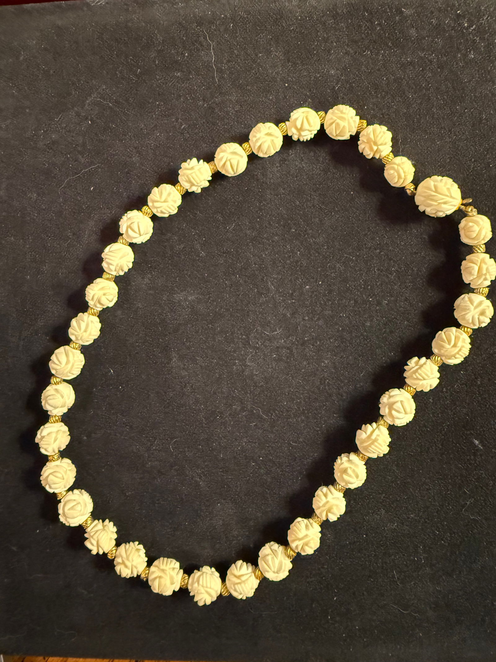 Carved Bone Flower Necklace with Gold Beads: Carved Bone Flower Necklace with Gold Beads, 15"