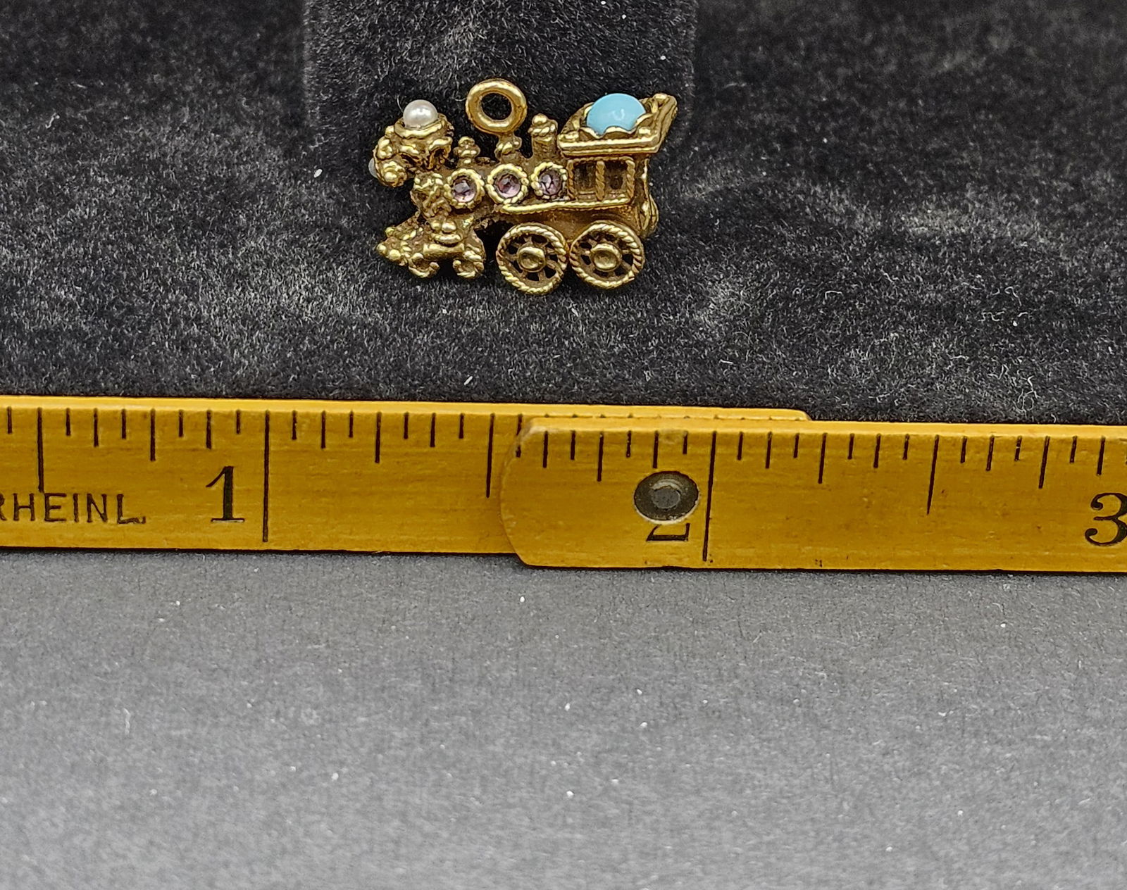 Antique 14k Gold Train Charm, with Turquoise and a Seed Pearl: Antique 14k Gold Train Charm, with Turquoise and a Seed Pearl