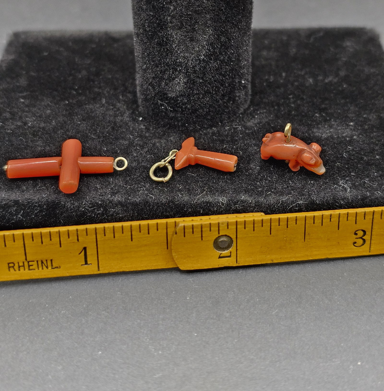 3 Antique Hand Carved Red Coral Charms: 3 Antique Hand Carved Red Coral Charms