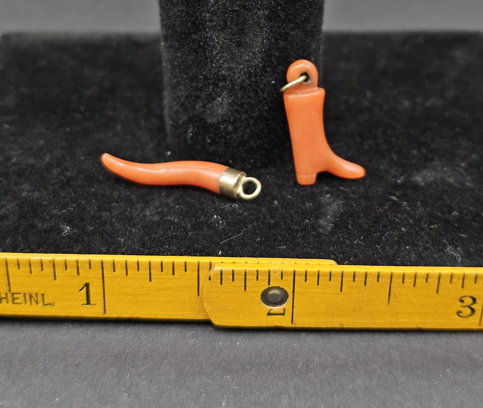 2 Antique Red Coral Charms, Cornetto and Cowboy Boot: Sleek 1" Cornetto and 3/4" Cowboy Boot, with 14 link and topper
