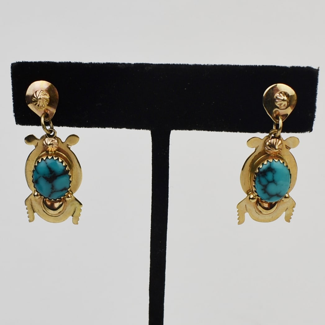 Mike Begay (Navajo) 14k Gold & Turquoise Earrings in Horned Toad Motif (1 of 2)