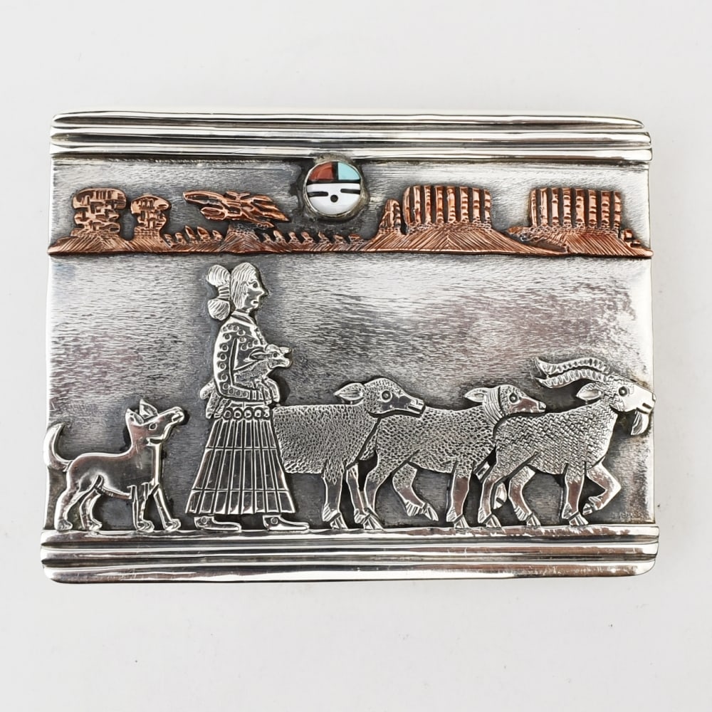 Clarence and Russell Lee (Navajo) Silver, Copper and Inlay Shepherdess Buckle (1 of 2)