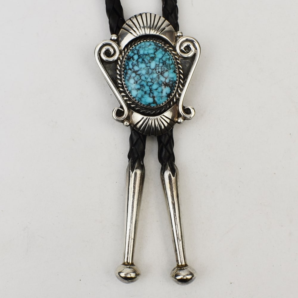 Orville Tsinnie (Navajo) Nevada Blue Turquoise Cabochon Bolo (1 of 4)