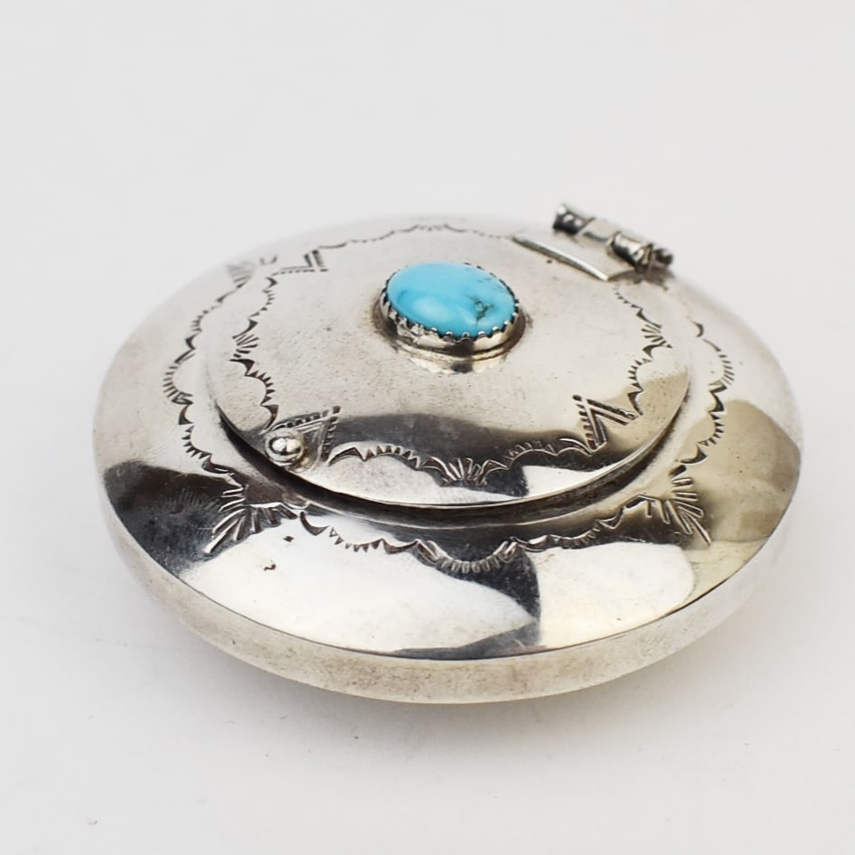 Navajo Cigarette "Pill Box" with Lid and Single Turquoise Cabochon (1 of 4)