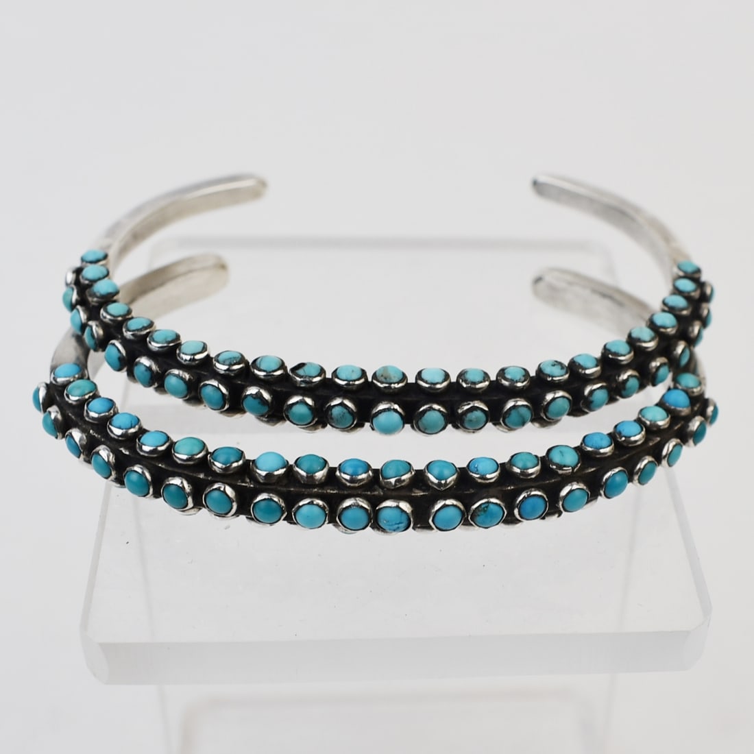 Pair of Zuni Silver Bangles with 3 Rows of Turquoise in Each, c. 1940s (1 of 4)