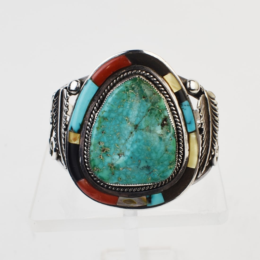 Silver and Turquoise Bracelet with Zuni Inlay Frame c.1980s (1 of 6)