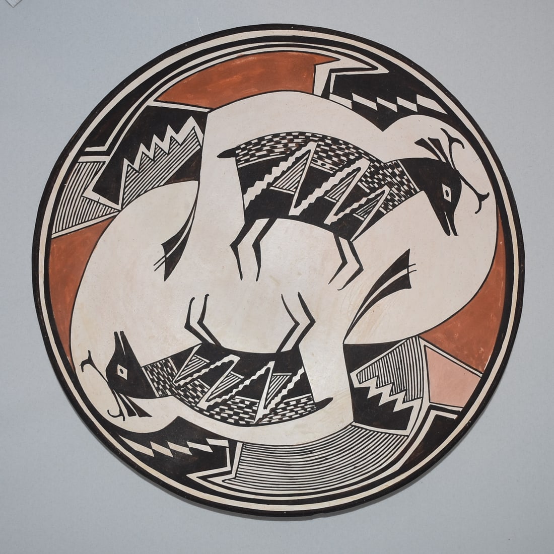 ROSE CHINO GARCIA (ACOMA) POTTERY PLATE/CHARGER: Rose Chino Garcia (Acoma) (1928-2000) pottery plate/charger. A large and important piece by the daughter of Marie Z. Chino. HALLMARKS:Signed Rose Chino, Acoma, New Mexico (see photo) WEIGHT: 667 grams