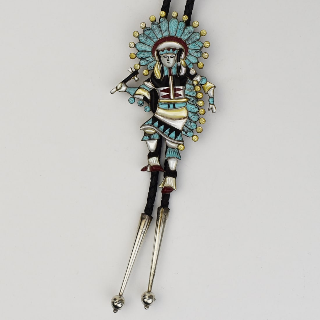 ZUNI INDIAN SILVER AND INLAY PLAINS DANCER BOLO, C. 1970 (1 of 2)
