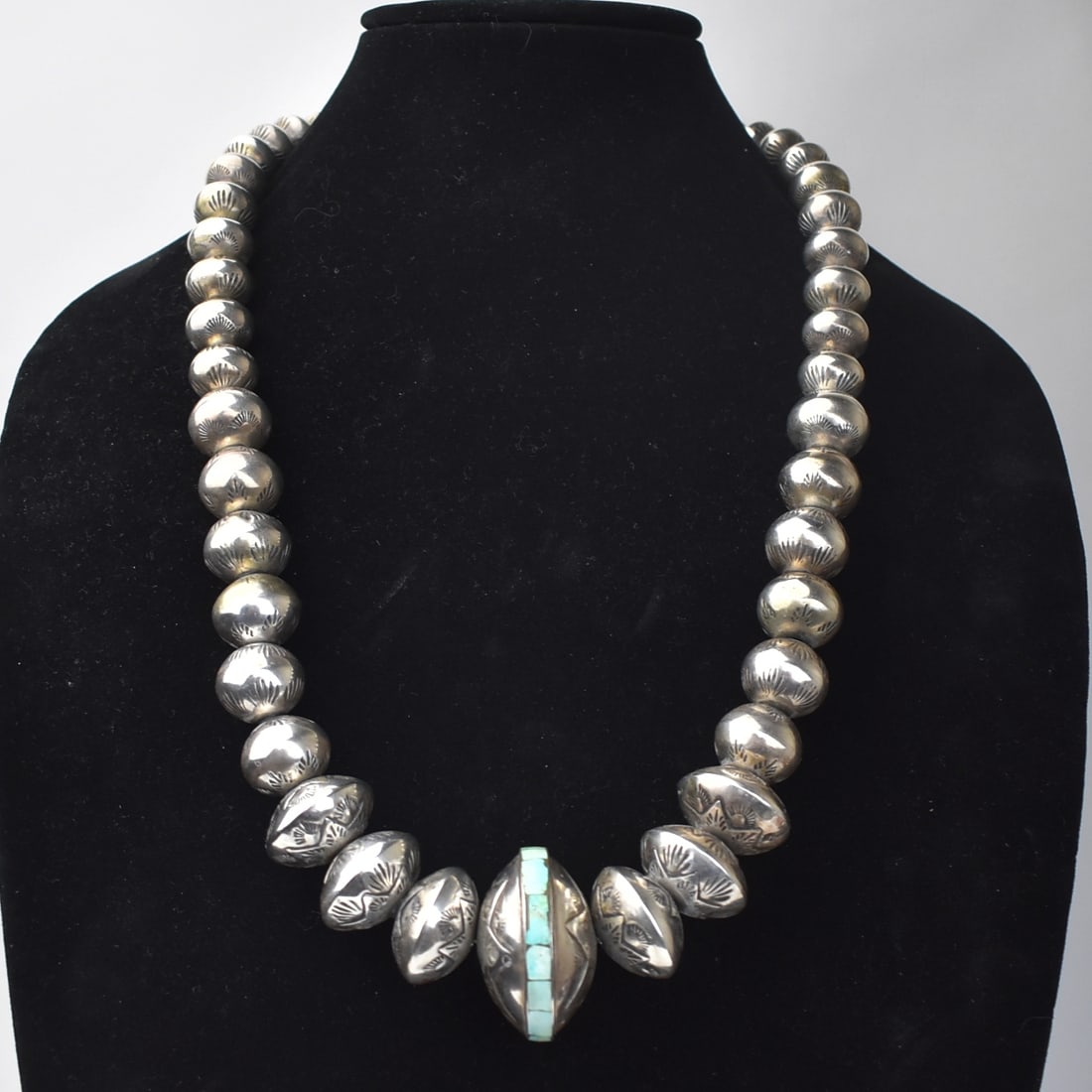 ZUNI SILVER BEAD NECKLACE WITH LARGE INLAID BEAD, C. 1980s (1 of 3)