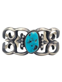 Harrison Bitsu Sandcast Kingman Turquoise Cuff Bracelet in Sterling Silver