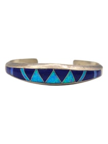 Pete Sanchez Sterling Silver Cuff Opal & Blue Stone Inlay Bracelet Isleta Pueblo
