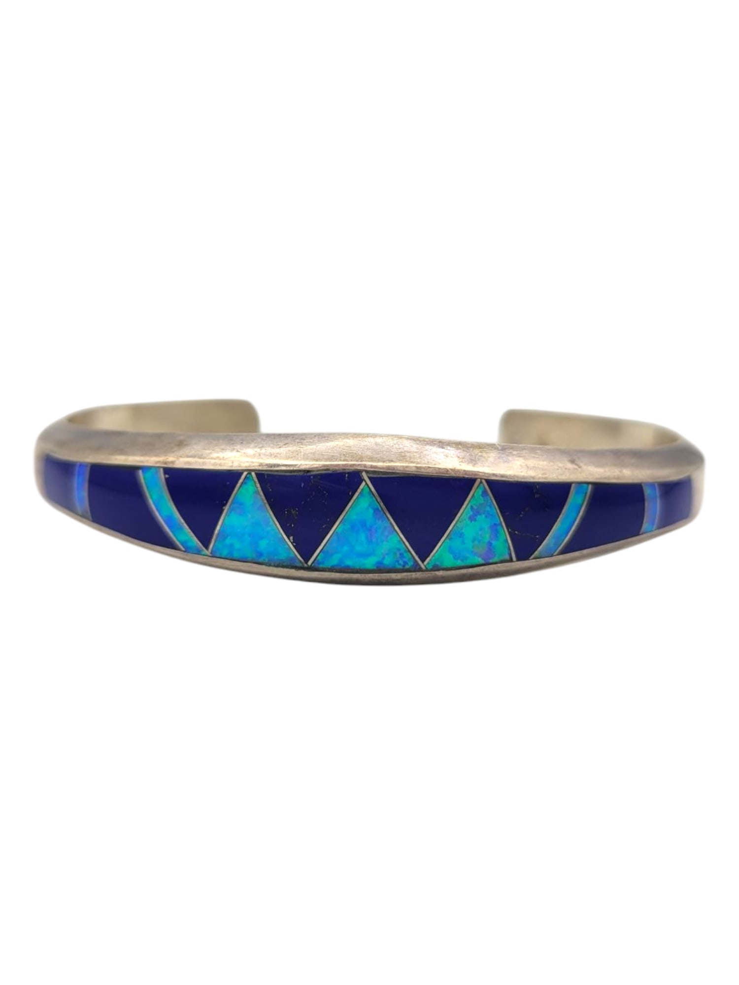 Pete Sanchez Sterling Silver Cuff Opal & Blue Stone Inlay Bracelet Isleta Pueblo (1 of 5)