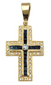 Sapphire and Diamond Cross Pendant in 14 Karat Yellow Gold