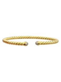 18 Karat Yellow Gold Cable Cuff Bracele with Pave Diamond Ends