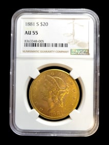 1881 S $20 AU 55 Liberty Head Double Eagle Gold Coin NGC Certified
