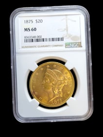 1875 $20 MS 60 Liberty Head Double Eagle Gold Coin NGC Certified