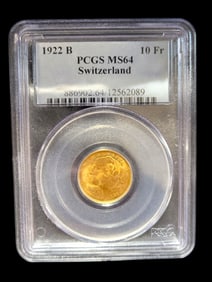 1922 B MS 64 10 Fr PCGS Certified Switzerland Gold Coin PCGS Certified