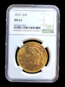 1876 $20 MS 61 Liberty Head Double Eagle Gold Coin NGC Certified