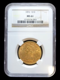 1892 $10 MS 61 Liberty Head and Eagle Gold Coin NGC Certified