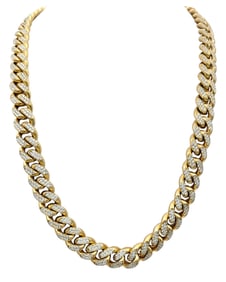 Diamond Encrusted Cuban Link Necklace Heavy Yellow Gold