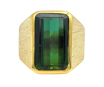 Men's Emerald Cut Green Tourmaline Ring in 18 Karat Yellow Gold