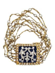 Vintage 7 Strand Pearl, Diamond & Blue Enamel Bracelet in 14 Karat Yellow Gold