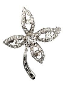 Vintage Flower Brooch with Natural Diamonds in 14 Karat White Gold