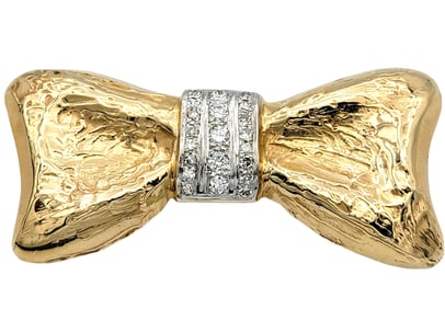 Large Hammered 14K Gold Bow Brooch / Pendant with .60 CTW Natual Diamonds