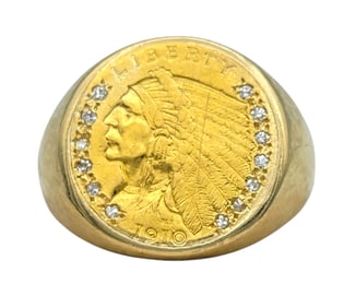 1910 Gold Indian Head Coin Ring with Diamonds in 14K Yellow Gold