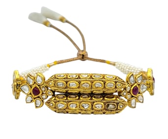 Rose Cut Diamond, Ruby & Pearl Adjustable Tassel Bracelet 18 Karat Yellow Gold