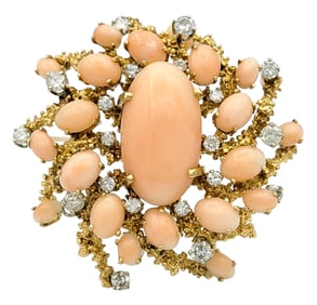 Vintage Pink Coral and Diamond Cluster Brooch / Pendant in 14K Yellow Gold