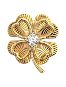 Brooch Diamond Four Leaf Lucky Clover 14K Yellow & White Gold