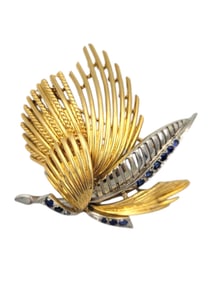 Brooch Vintage Sapphire Fanned Leaf 14K Yellow & White Gold