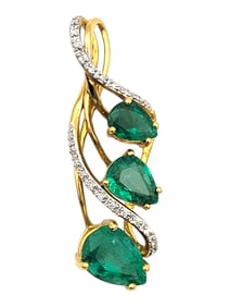 Pendant Siberian Emerald & Diamond Pear Mixed Cut 18K Yellow Gold