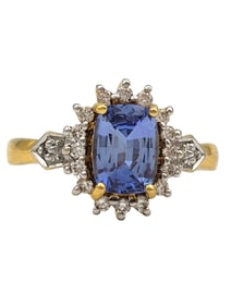 Ceylon Sapphire & Diamond Halo Ring 18 Karat Yellow Gold
