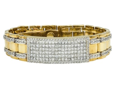 13.24 Carats Total Weight Princess Cut Diamond ID Link Bracelet in 14 Karat Gold