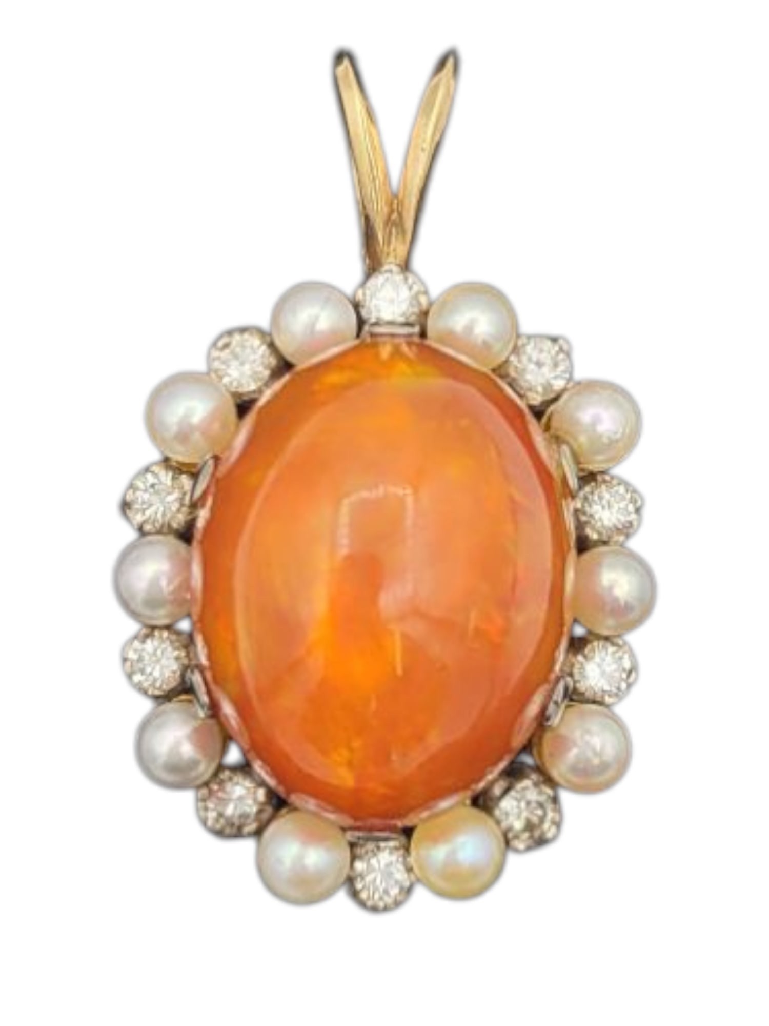14.71 Carat Cabochon Fire Opal, Pearl and Diamond Halo Pendant 14 Karat Gold (1 of 5)