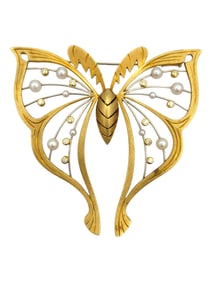 Extra Large Diamond and Pearl Butterfly Brooch Handmade 18 Karat Yellow Gold