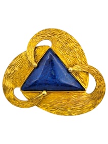 Handmade 27.5 Carat Triangular Natural Lapis Lazuli Brooch in 14 Karat Gold